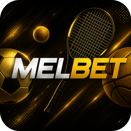 The supplied square Melbet brand artwork: white and gold MELBET wordmark over tennis racket, tennis ball, football and basketball on a black and gold diagonal background