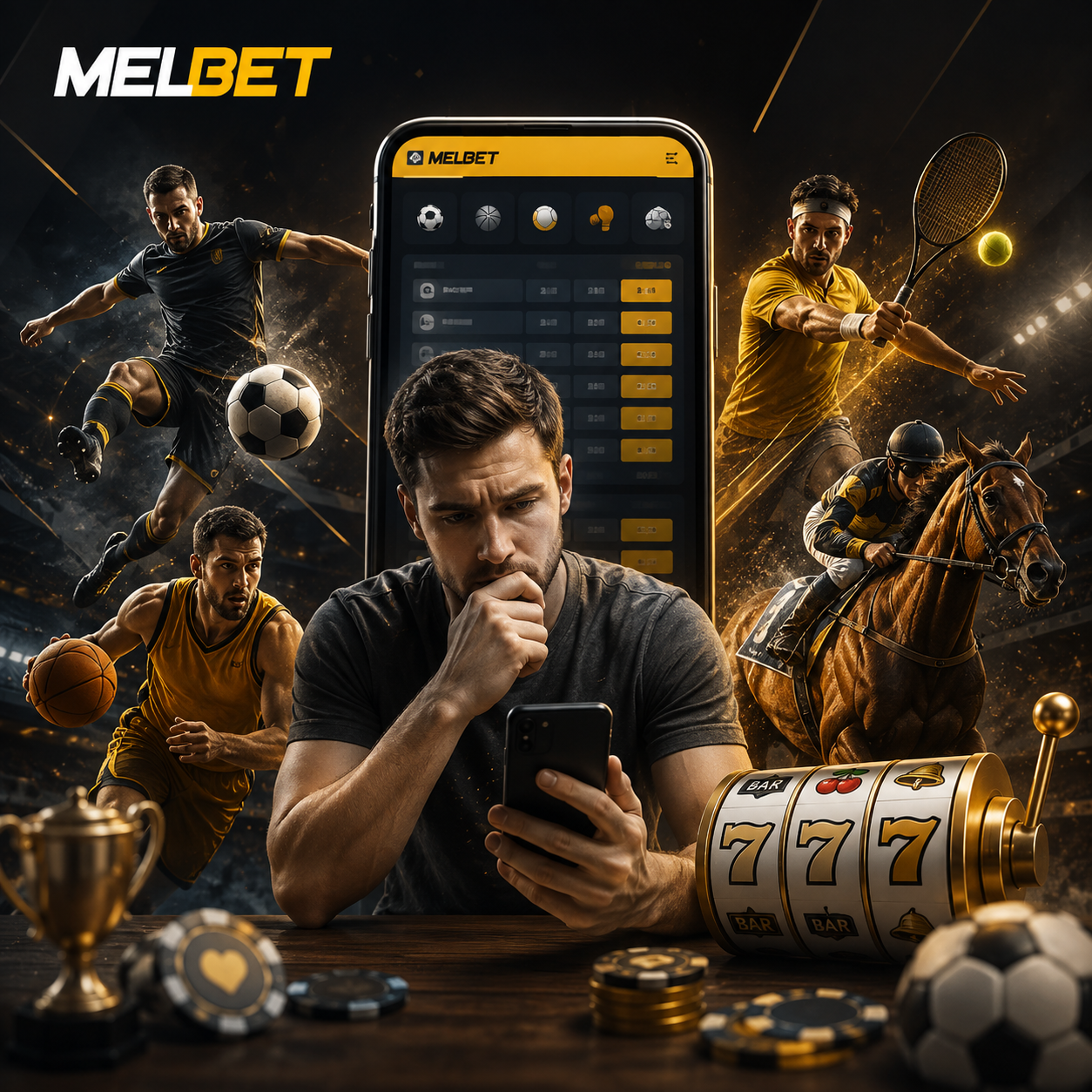The supplied Melbet black and gold sports and casino artwork with a thoughtful man holding a phone, large smartphone, football player, tennis player, basketball player, horse rider and gold slot machine