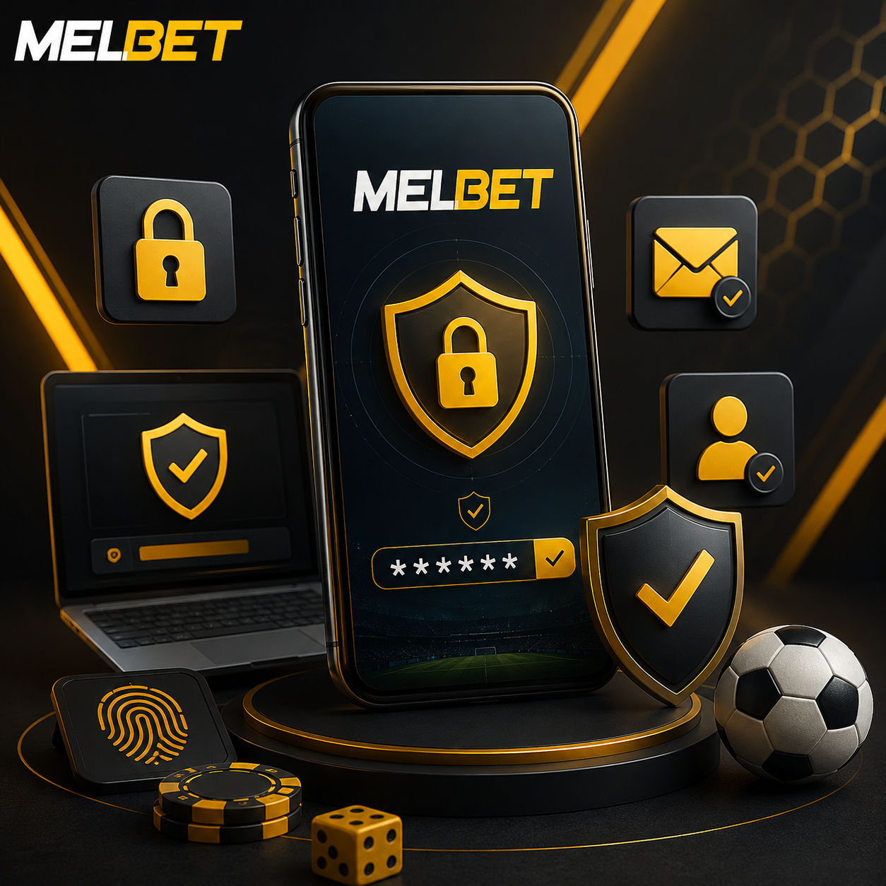 The supplied Melbet black and gold security artwork with large smartphone displaying MELBET and shield padlock, laptop, gold verification symbols, fingerprint, football, chips and dice