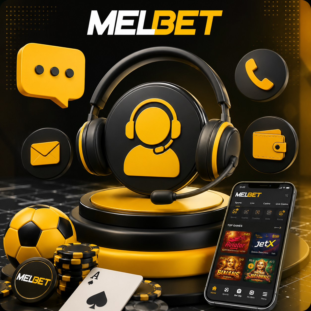 The supplied Melbet black and gold customer support artwork with large headset and gold support agent symbol on a pedestal, chat icon, telephone, wallet, smartphone, football and casino chips